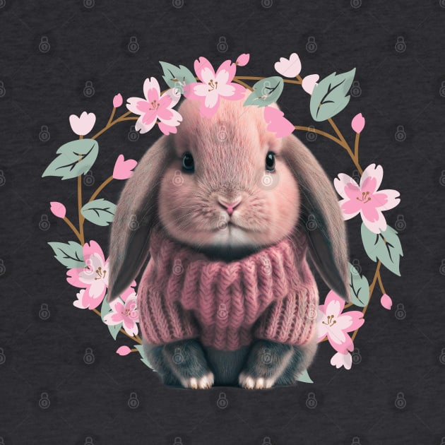 Adorable Baby Bunny in pink wool sweater - crown of charming flowers and leave by Artfully Yours